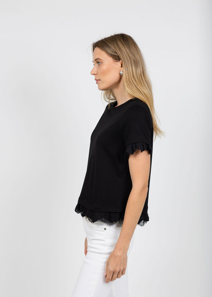Margittes Lace Trim Crew Neck Tee in Black available at Barbara Katz