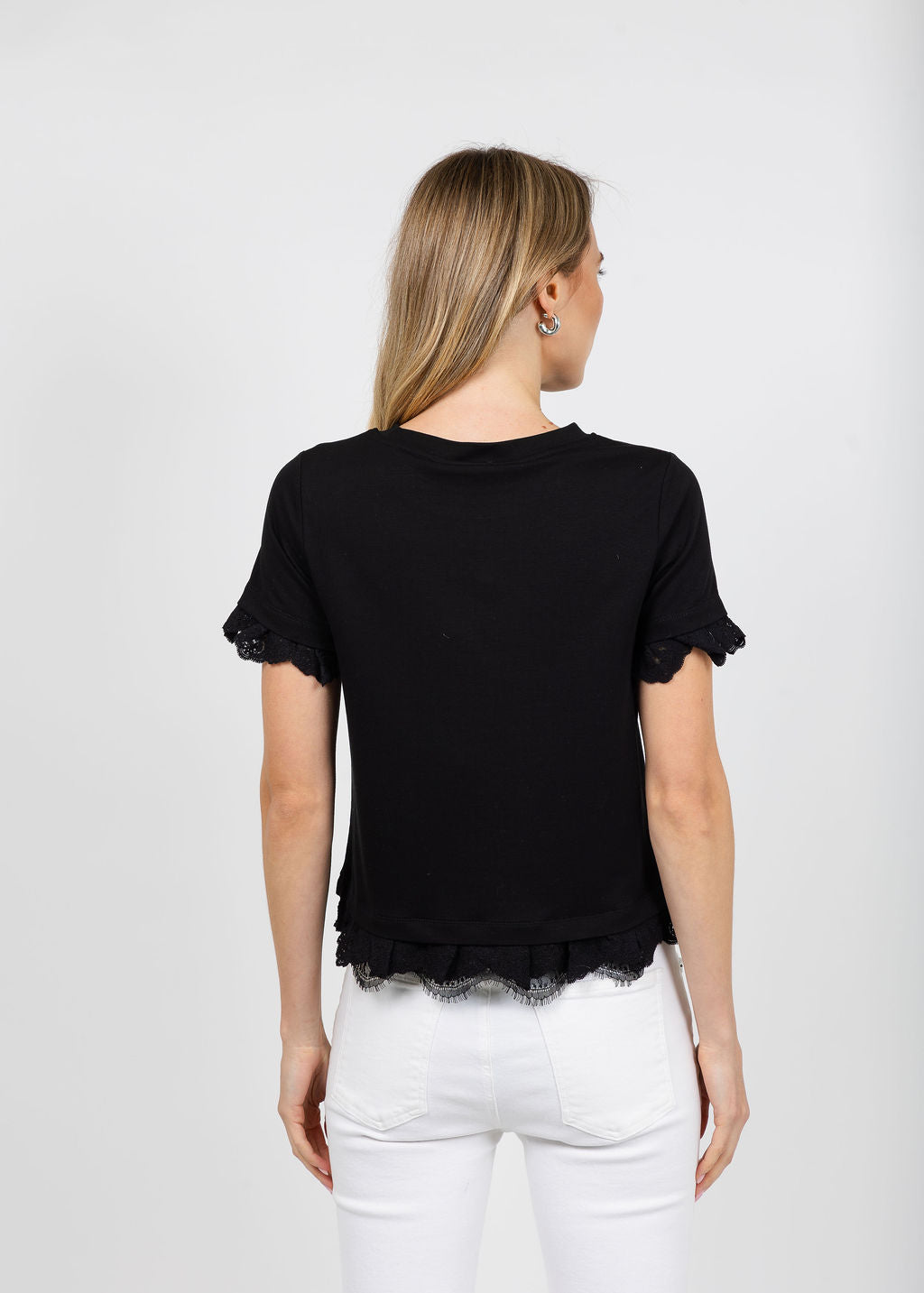 Margittes Lace Trim Crew Neck Tee in Black available at Barbara Katz