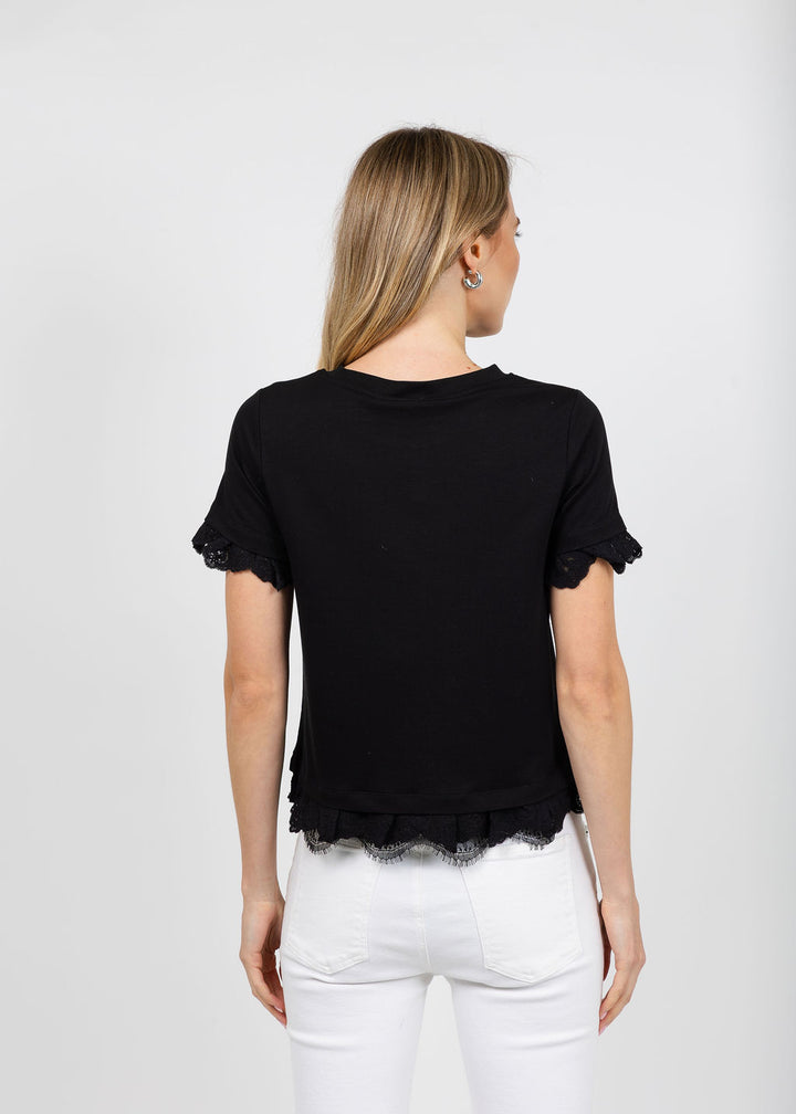 Margittes Lace Trim Crew Neck Tee in Black available at Barbara Katz