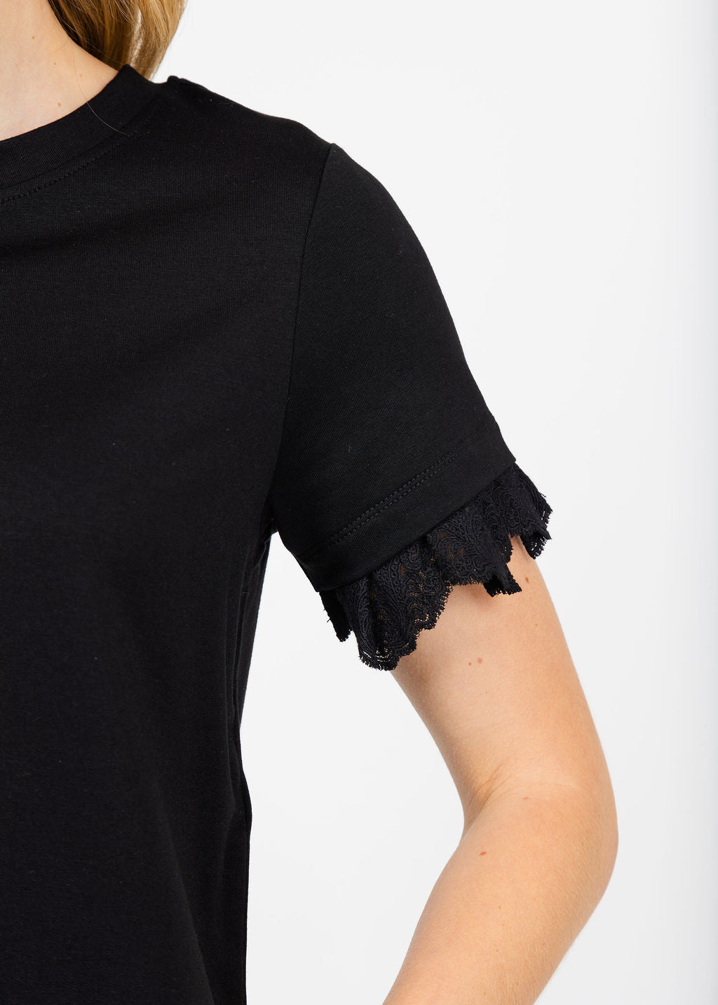 Margittes Lace Trim Crew Neck Tee in Black available at Barbara Katz