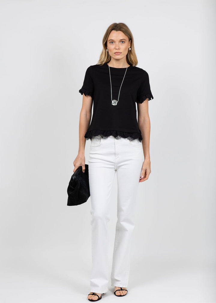 Margittes Lace Trim Crew Neck Tee in Black available at Barbara Katz
