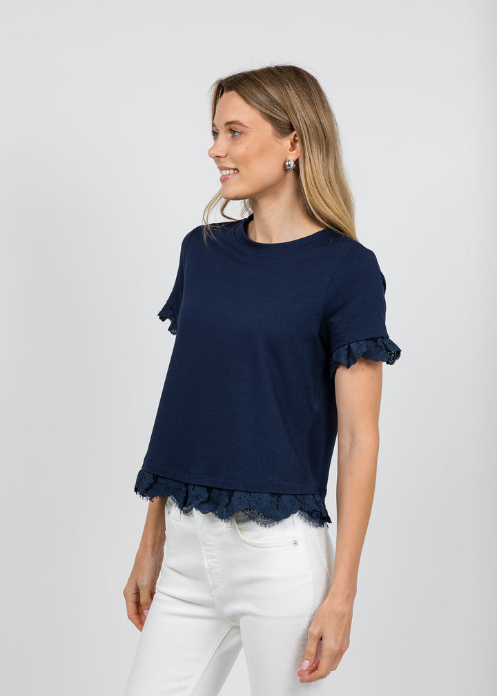 Margittes Lace Trim Crew Neck Tee in Navy available at Barbara Katz