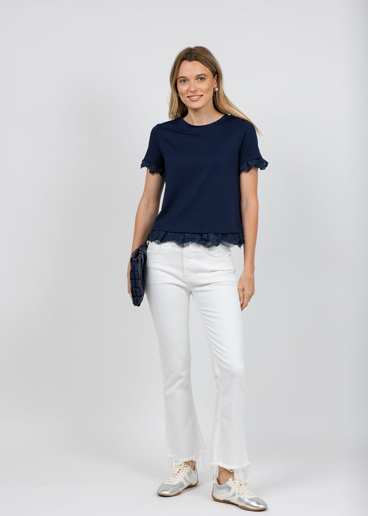 Margittes Lace Trim Crew Neck Tee in Navy available at Barbara Katz
