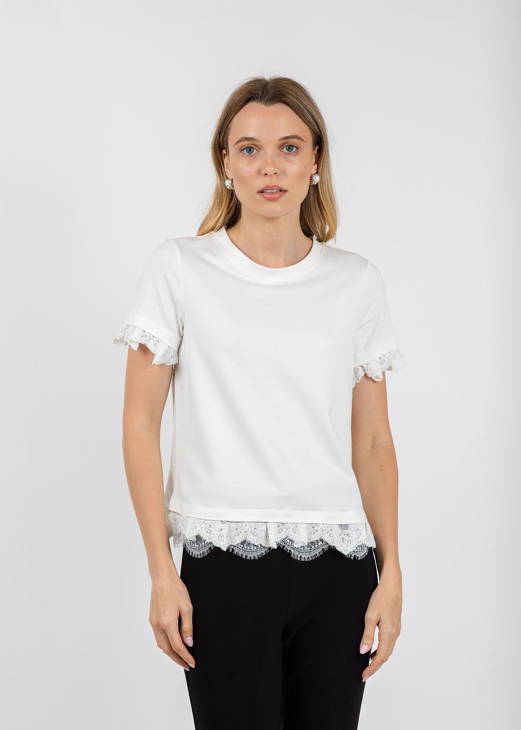 Margittes Lace Trim Crew Neck Tee in Off White available at Barbara Katz