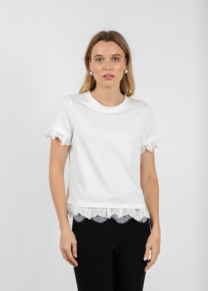 Margittes Lace Trim Crew Neck Tee in Off White available at Barbara Katz