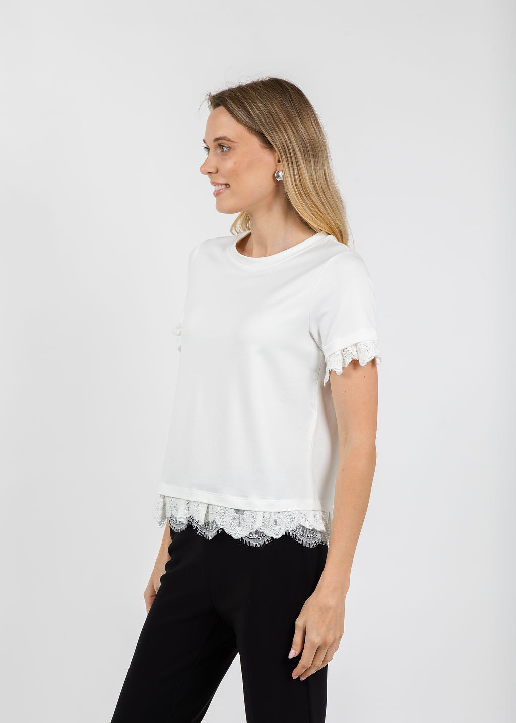 Margittes Lace Trim Crew Neck Tee in Off White available at Barbara Katz