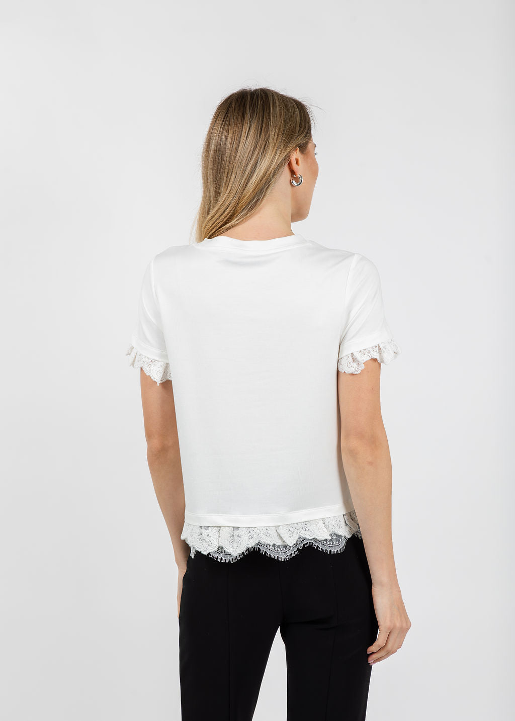 Margittes Lace Trim Crew Neck Tee in Off White available at Barbara Katz