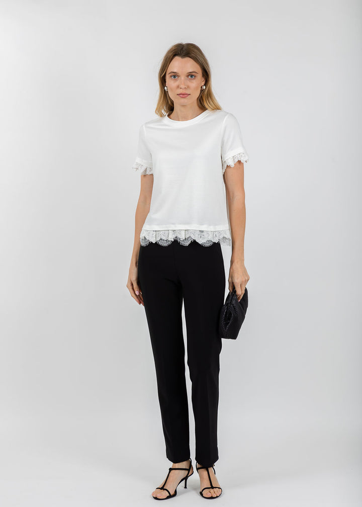 Margittes Lace Trim Crew Neck Tee in Off White available at Barbara Katz