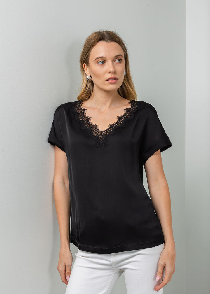 Margittes Lace Trim V Neck Tee in Black available at Barbara Katz