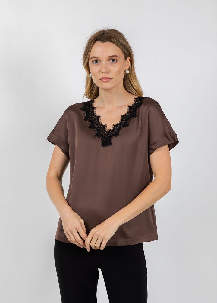 Margittes Lace Trim V Neck Tee in Coconut available at Barbara Katz