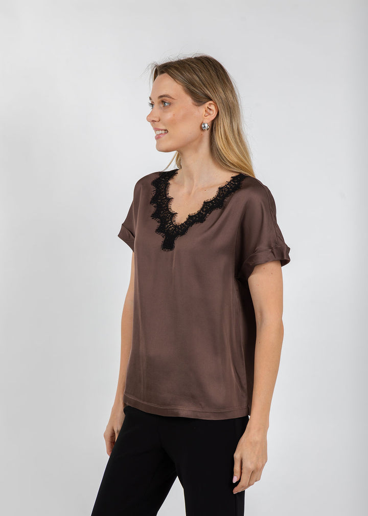 Margittes Lace Trim V Neck Tee in Coconut available at Barbara Katz