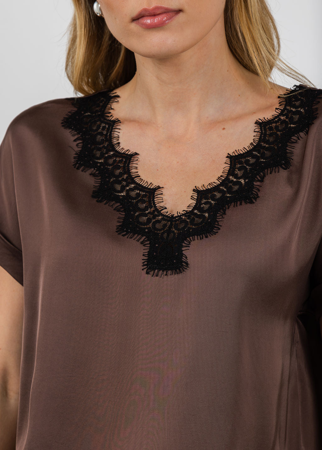 Margittes Lace Trim V Neck Tee in Coconut available at Barbara Katz
