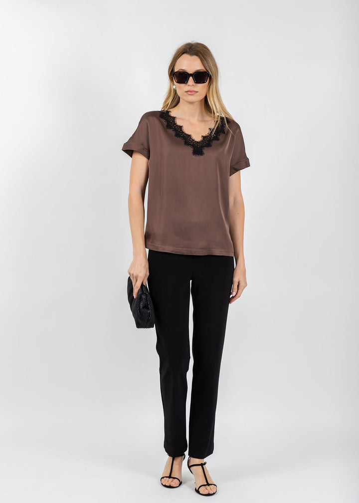 Margittes Lace Trim V Neck Tee in Coconut available at Barbara Katz