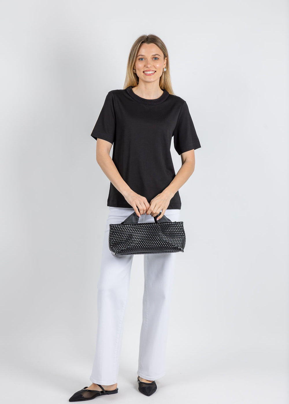 Margittes Milla Crochet Crew Tee in Black available at Barbara Katz