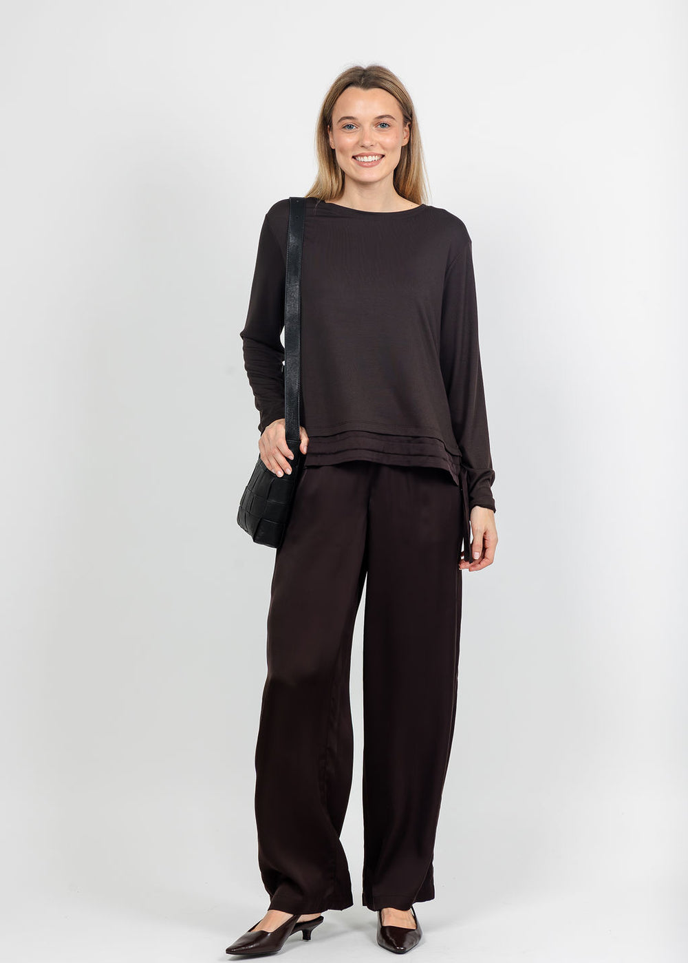Margittes Modal Satin Trim Tee and Satin Pants in Mocca available at Barbara Katz