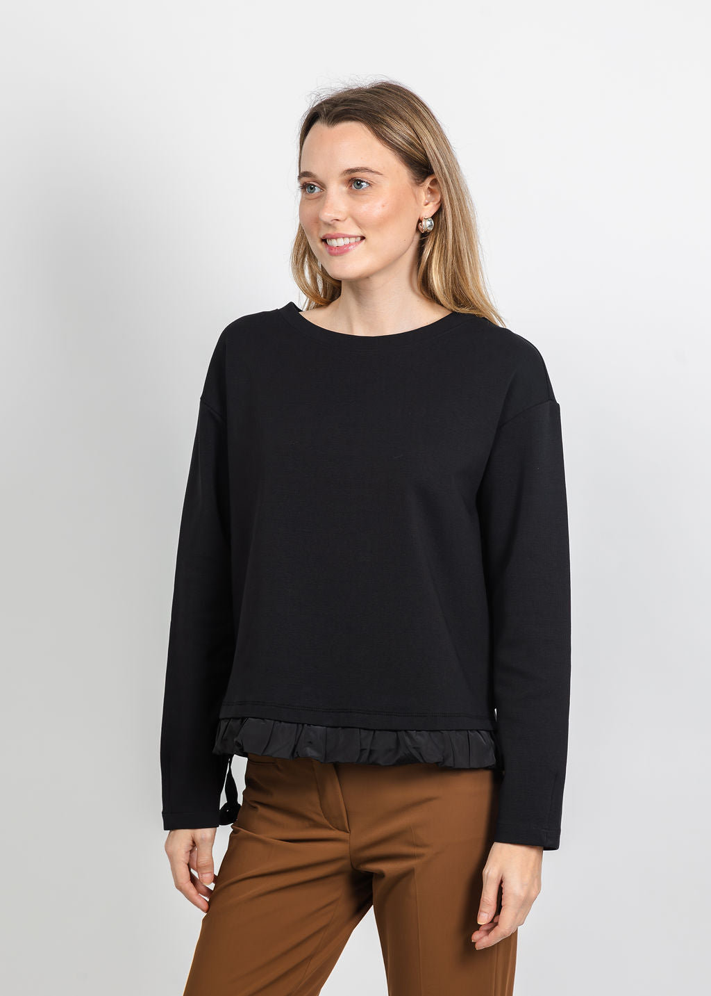 Margittes Ruffled Bottom Sweatshirt in Black available at Barbara Katz