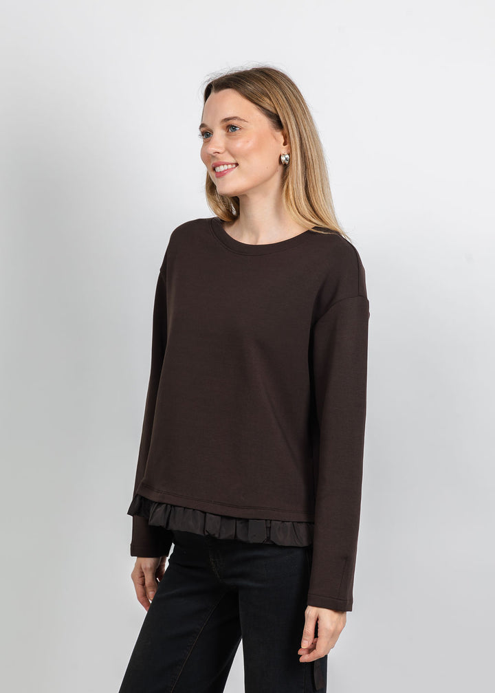 Margittes Ruffled Bottom Sweatshirt in Mocca available at Barbara Katz