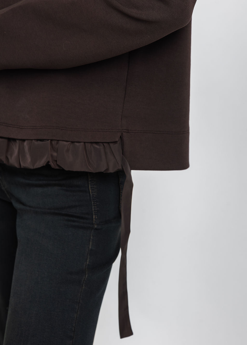Margittes Ruffled Bottom Sweatshirt in Mocca available at Barbara Katz