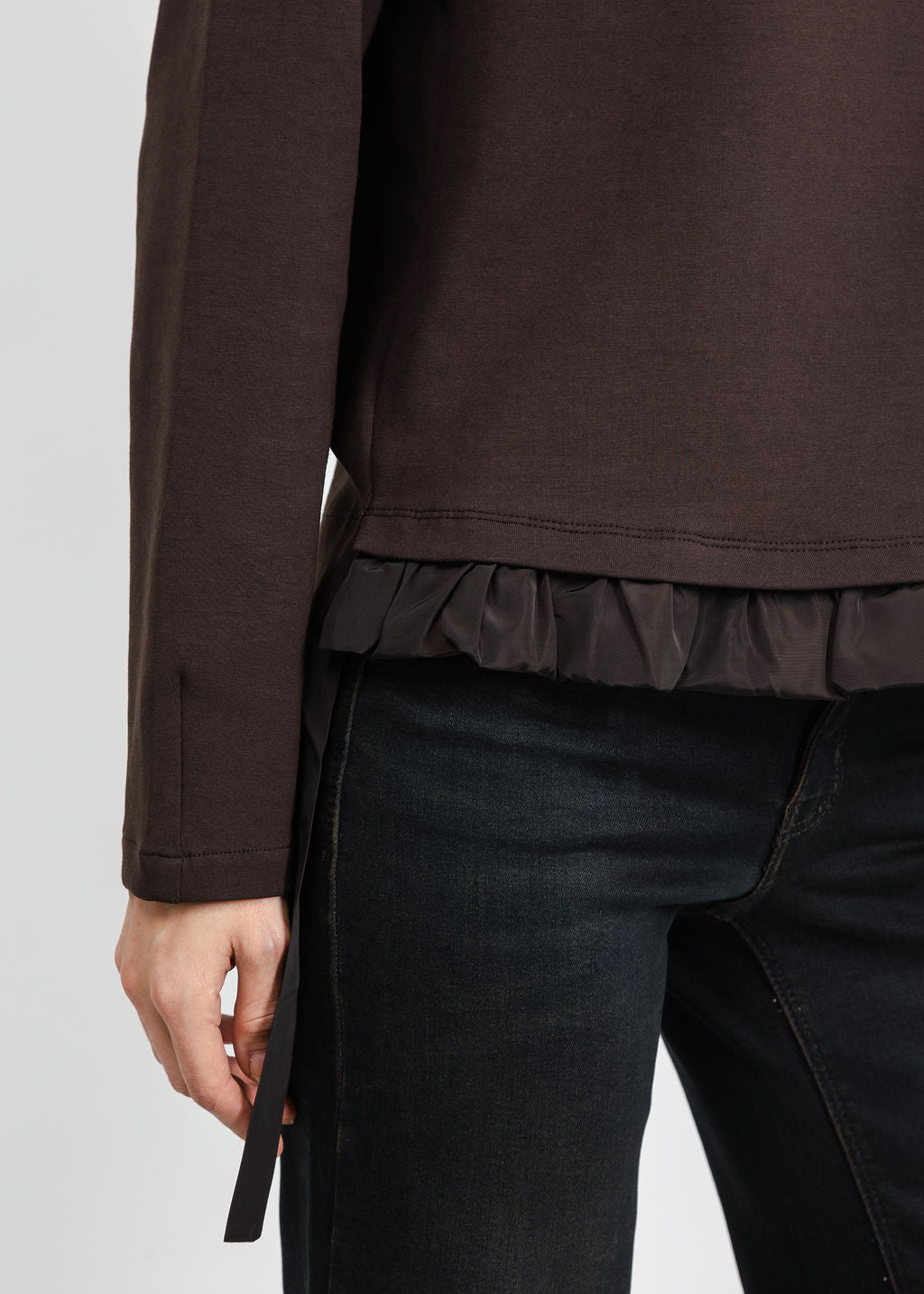 Margittes Ruffled Bottom Sweatshirt in Mocca available at Barbara Katz