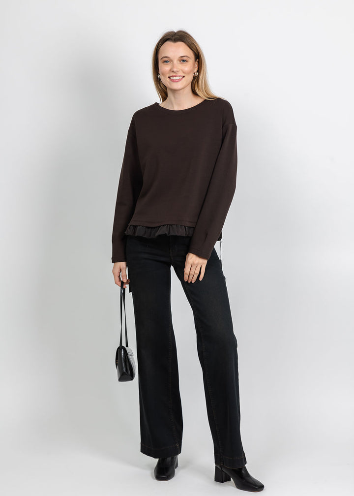 Margittes Ruffled Bottom Sweatshirt in Mocca available at Barbara Katz
