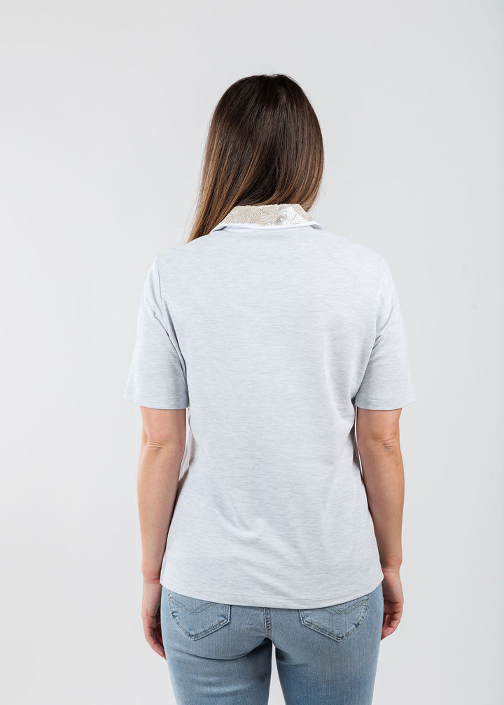 Margittes Sequin Collar Short Sleeve Polo in Silver Melange available at Barbara Katz