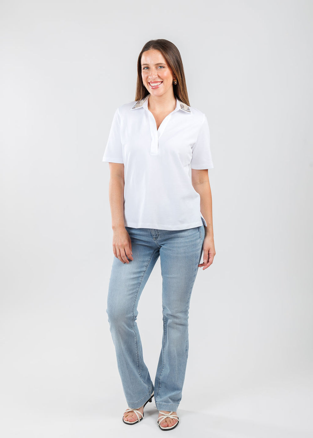 Margittes Sequin Collar Short Sleeve Polo in Weiss available at Barbara Katz