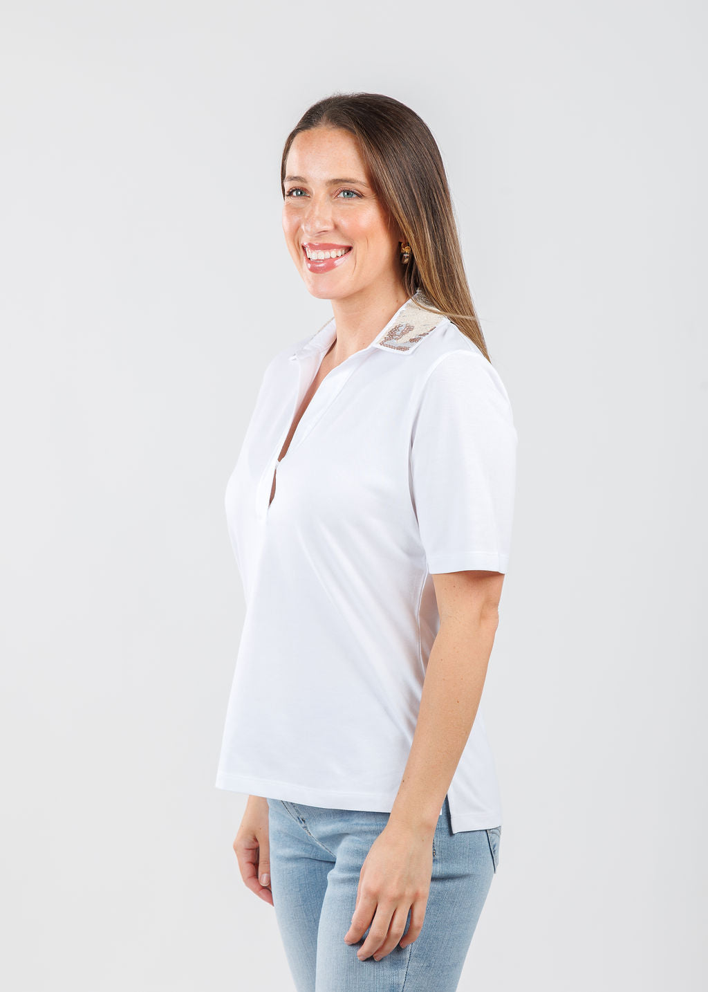 Margittes Sequin Collar Short Sleeve Polo in Weiss available at Barbara Katz