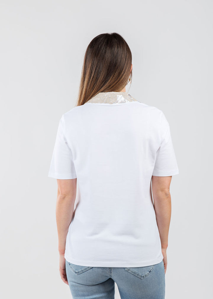 Margittes Sequin Collar Short Sleeve Polo in Weiss available at Barbara Katz