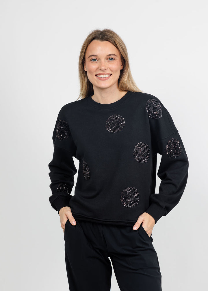 Margittes Sequin Dot Sweatshirt in Black available at Barbara Katz