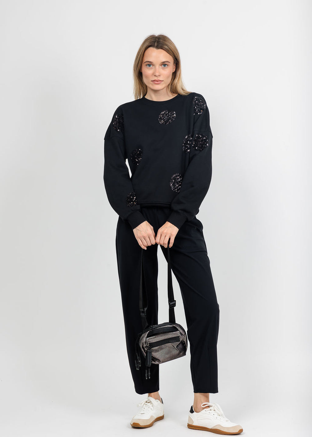 Margittes Sequin Dot Sweatshirt in Black available at Barbara Katz