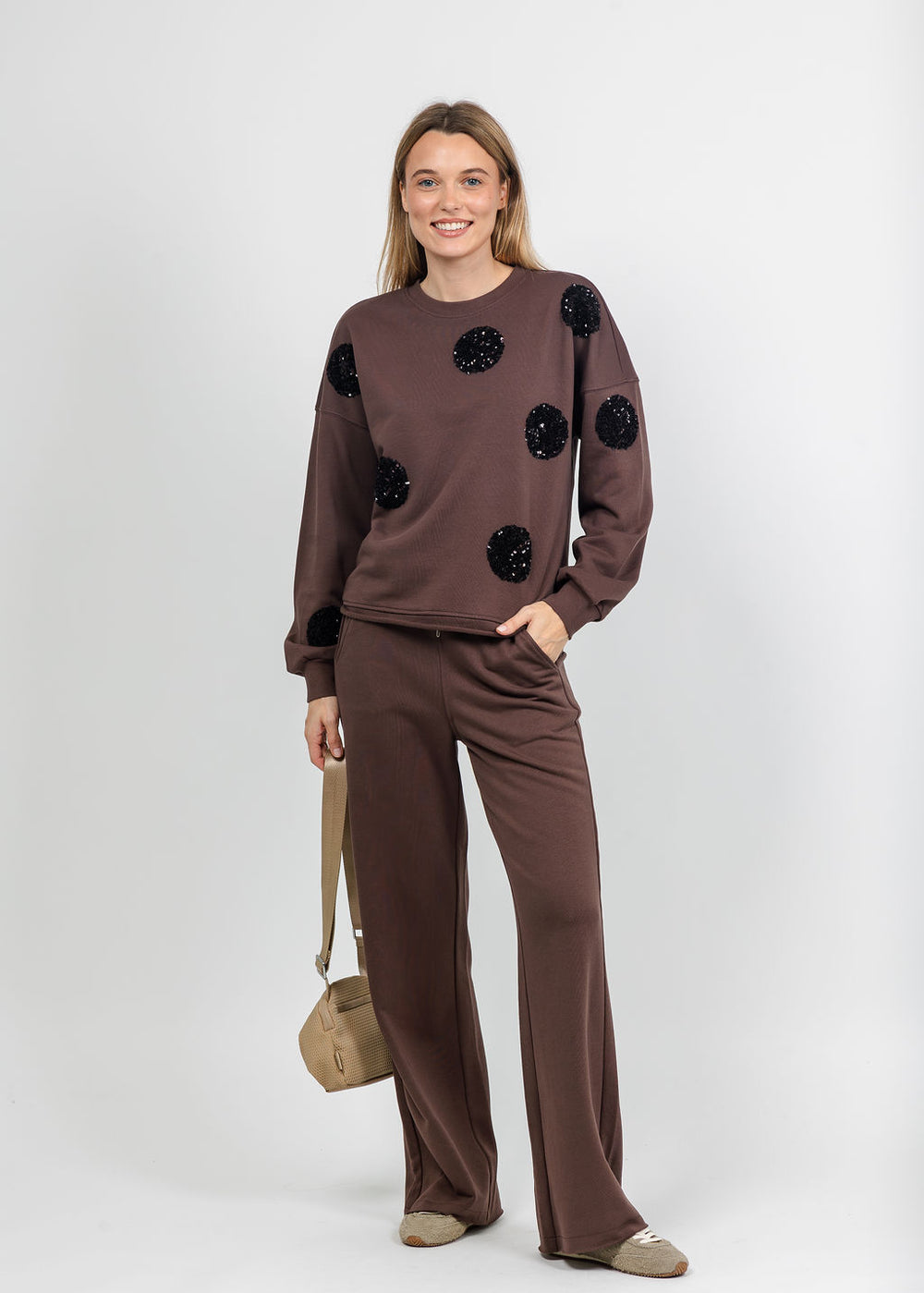 Margittes Sequin Dot Sweatshirt and Sweatpants in Coconut available at Barbara Katz