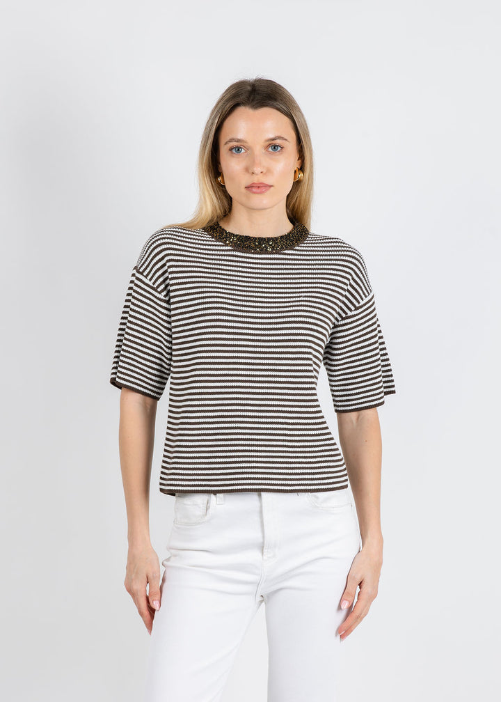 Margittes Sequin Neck Striped Knit Sweater in Mocha available at Barbara Katz
