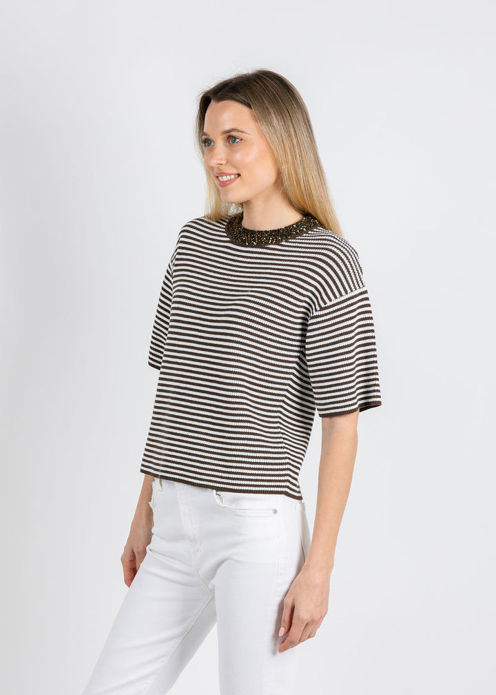 Margittes Sequin Neck Striped Knit Sweater in Mocha available at Barbara Katz