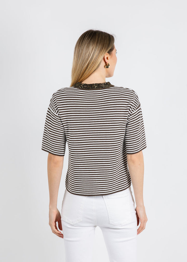 Margittes Sequin Neck Striped Knit Sweater in Mocha available at Barbara Katz