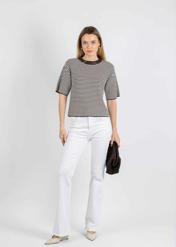 Margittes Sequin Neck Striped Knit Sweater in Mocha available at Barbara Katz