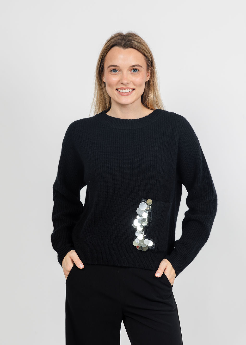 Margittes Sequin Pocket Sweater in Black available at Barbara Katz