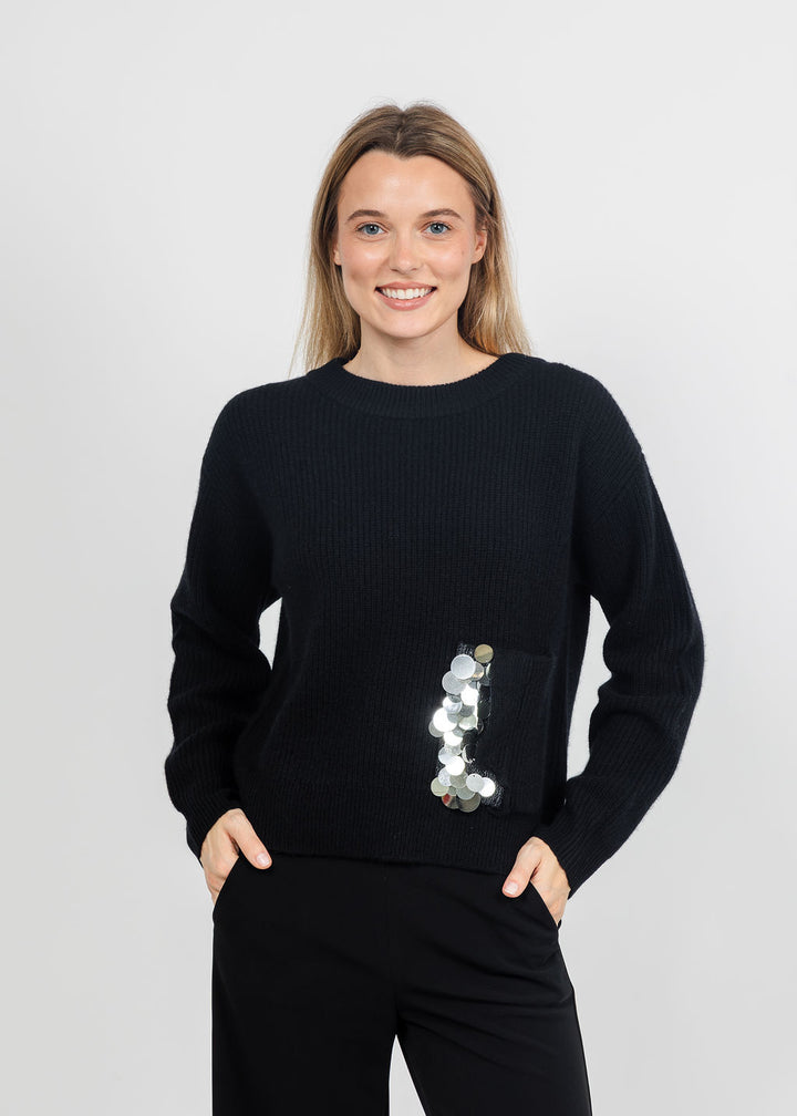 Margittes Sequin Pocket Sweater in Black available at Barbara Katz