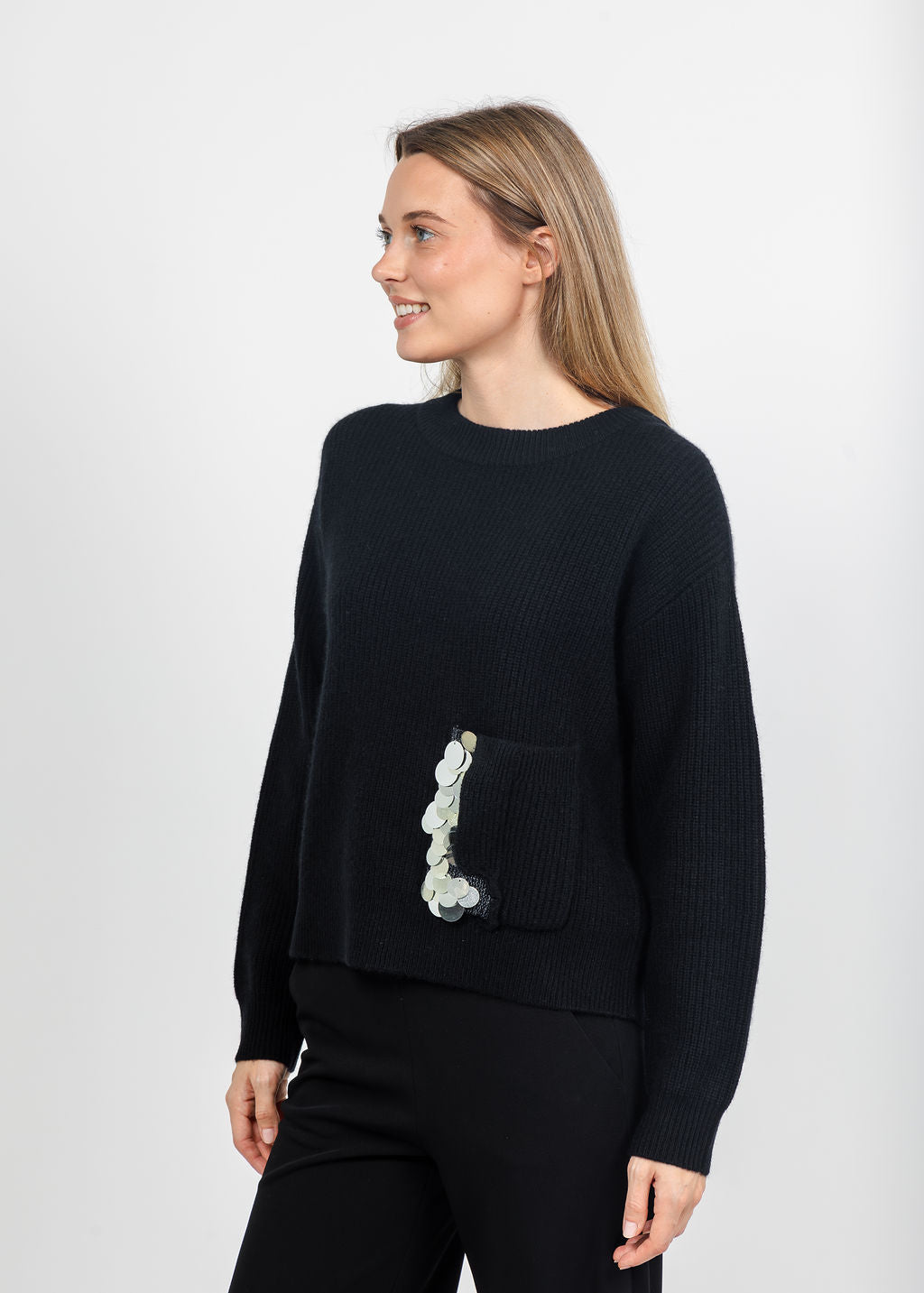 Margittes Sequin Pocket Sweater in Black available at Barbara Katz