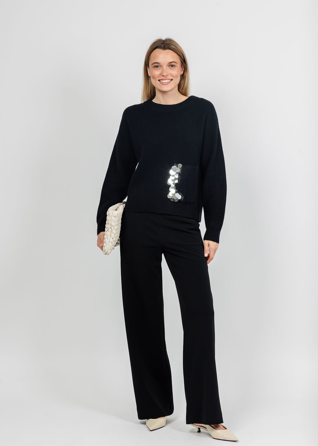 Margittes Sequin Pocket Sweater in Black available at Barbara Katz