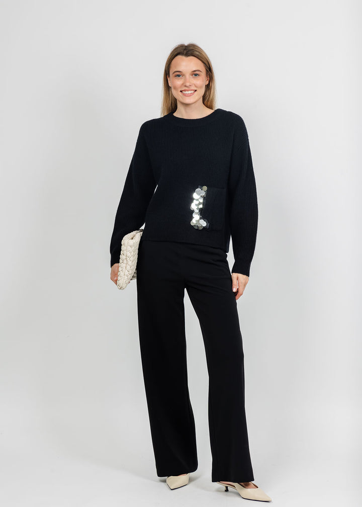 Margittes Sequin Pocket Sweater in Black available at Barbara Katz