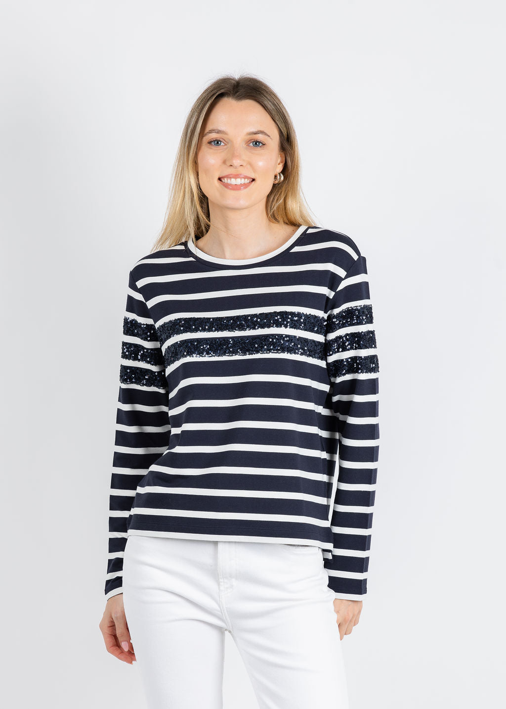 Margittes Sequin Striped Sweatshirt in Navy/White available at Barbara Katz