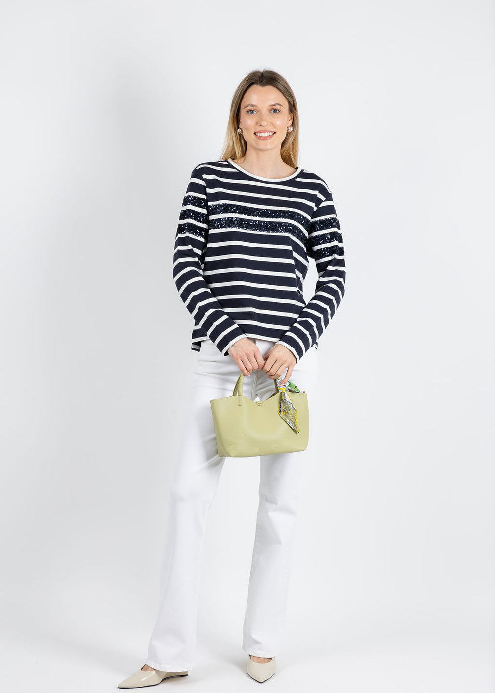 Margittes Sequin Striped Sweatshirt in Navy/White available at Barbara Katz