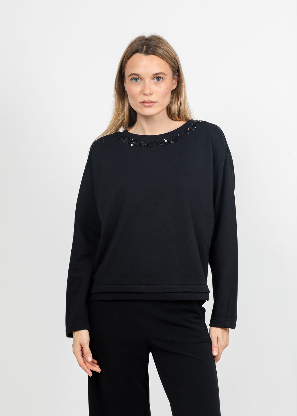 Margittes Sequin Trim Sweatshirt in Black available at Barbara Katz