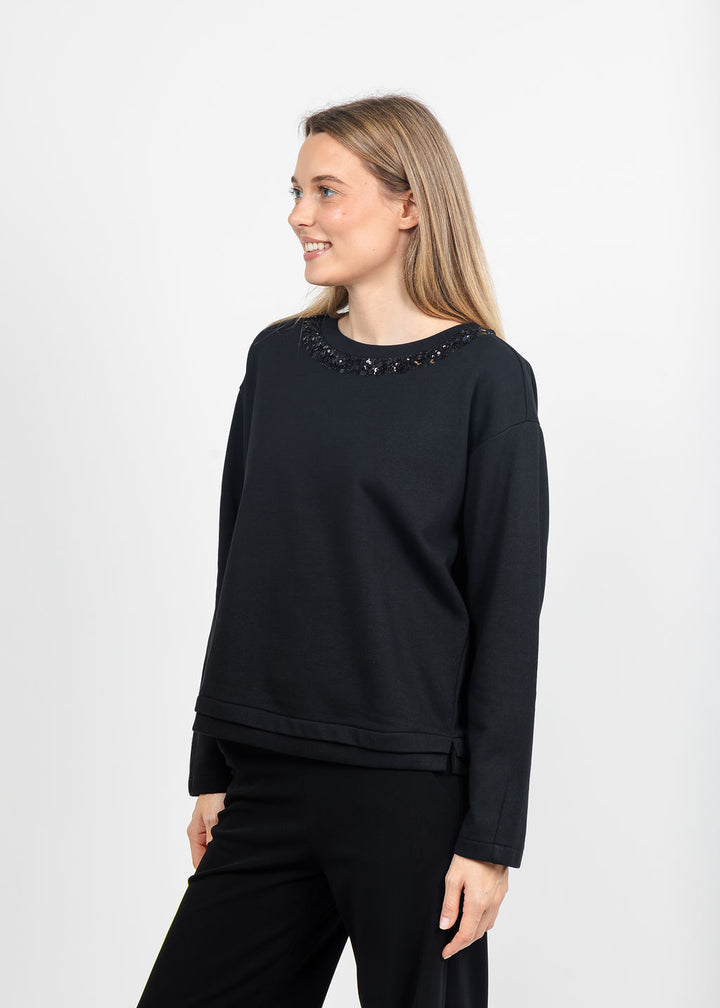Margittes Sequin Trim Sweatshirt in Black available at Barbara Katz