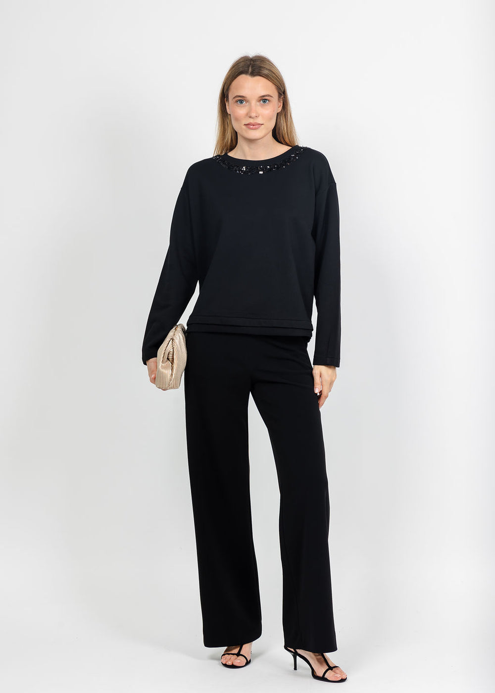 Margittes Sequin Trim Sweatshirt and Sweatpants in Black available at Barbara Katz
