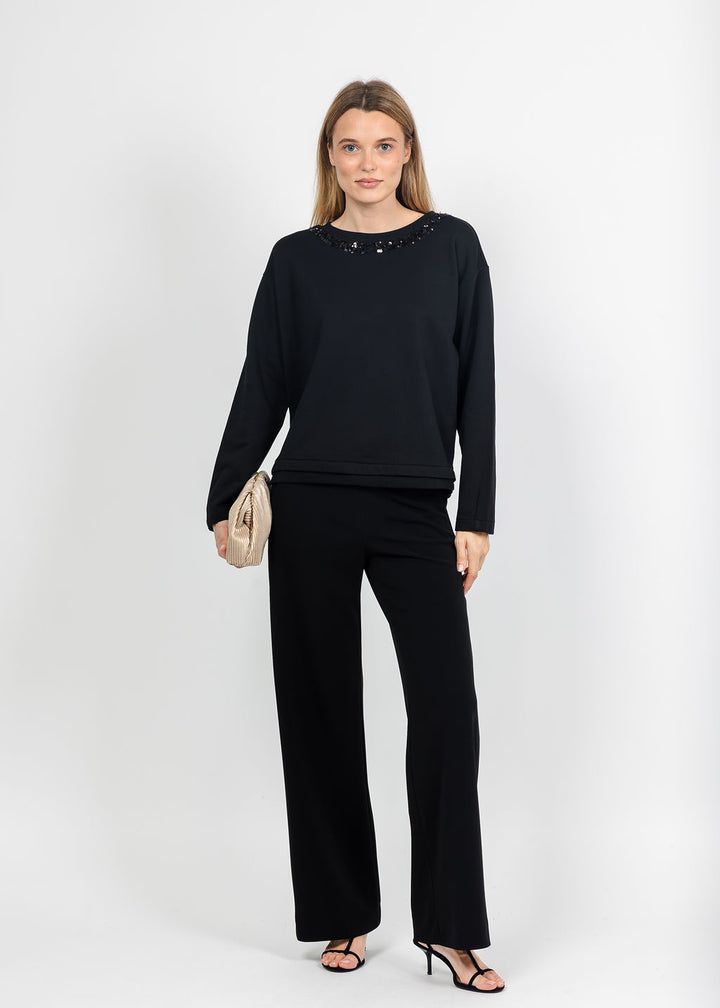 Margittes Sequin Trim Sweatshirt and Sweatpants in Black available at Barbara Katz