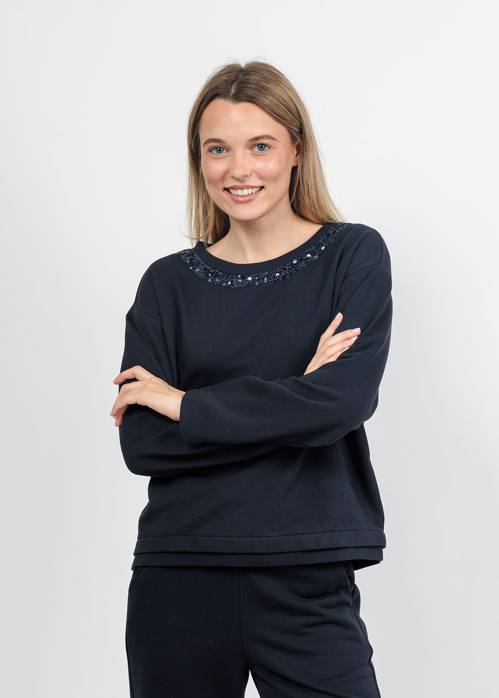 Margittes Sequin Trim Sweatshirt in Marine available at Barbara Katz