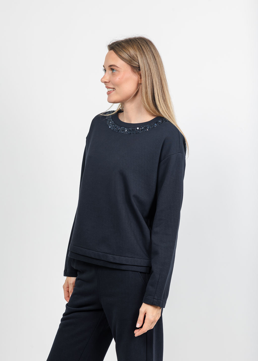 Margittes Sequin Trim Sweatshirt in Marine available at Barbara Katz