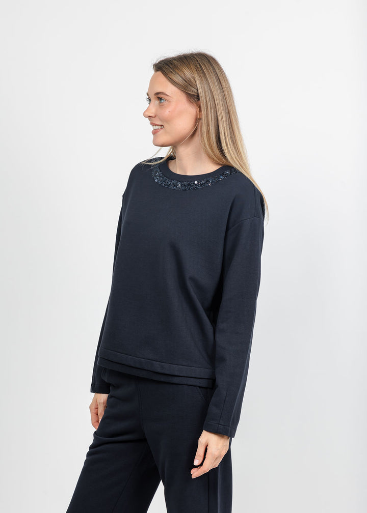 Margittes Sequin Trim Sweatshirt in Marine available at Barbara Katz