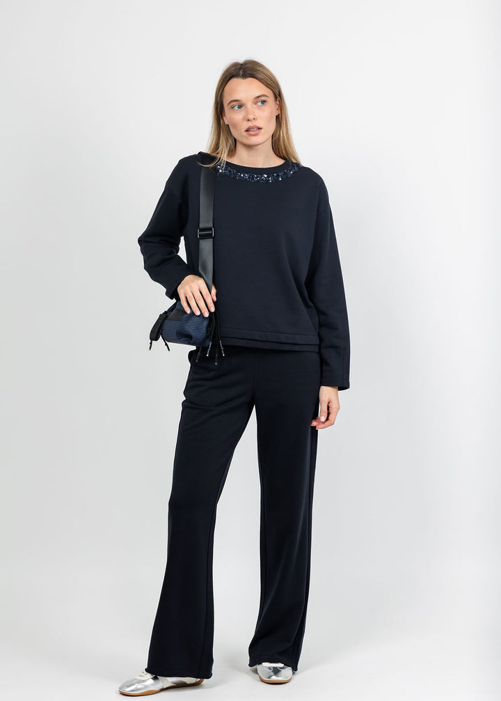 Margittes Sequin Trim Sweatshirt and Drawstring Pants in Marine available at Barbara Katz